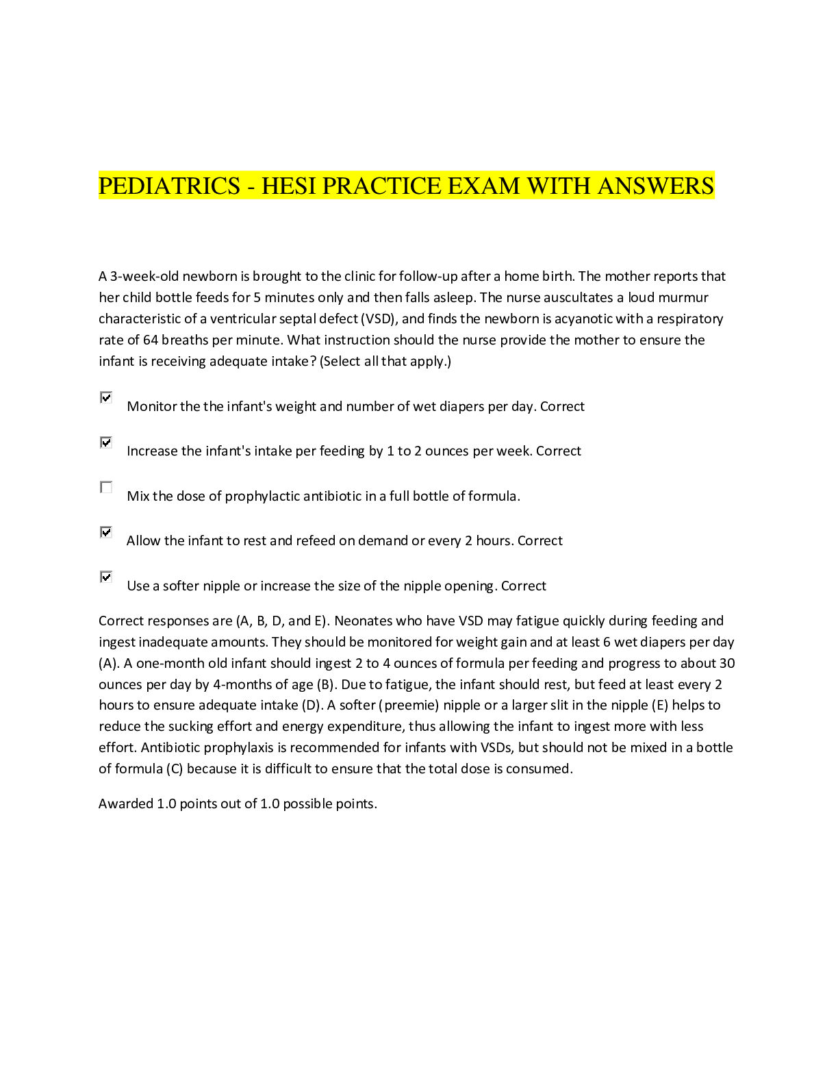 Preview image for PEDIATRICS - HESI PRACTICE EXAM WITH ANSWERS